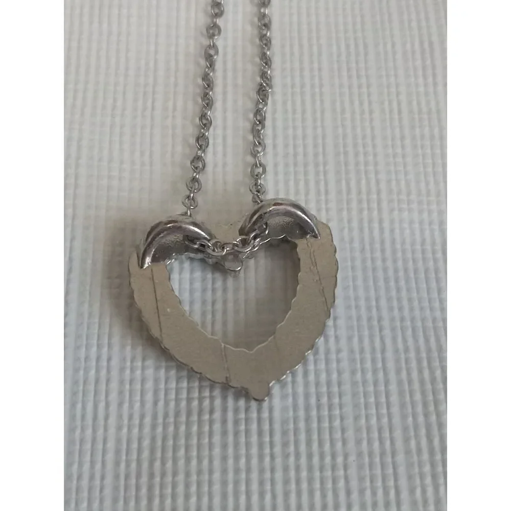 Small Rhinestone Encrusted Heart Shaped Pendant Silver Tone Lightweight Necklace